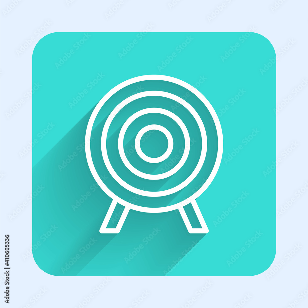 White line Target sport icon isolated with long shadow. Clean target with numbers for shooting range or shooting. Green square button. Vector. White line Target sport icon isolated with long shadow. Clean target with numbers for shooting range or shooting. Green square button. Vector.