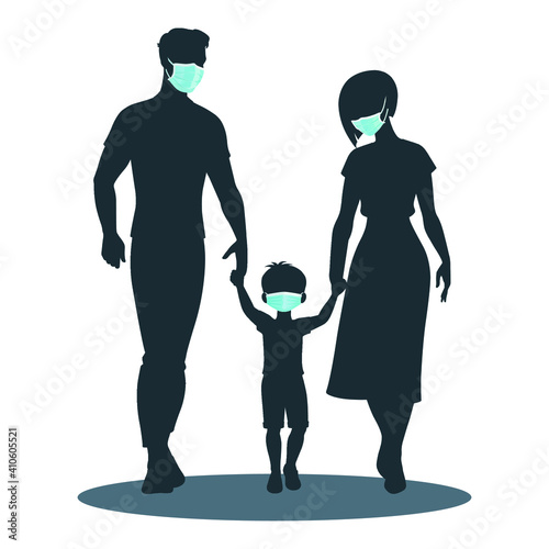 Silhouette family mother father and son wear masks vector illustration.