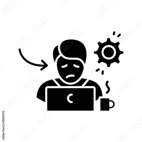 Bad performance at work glyph icon. Daytime fatigue. Sleep disorder. Healthy sleeping concept. Sleep problems treatment. Stress. Health care.Filled flat sign. Isolated silhouette vector illustration