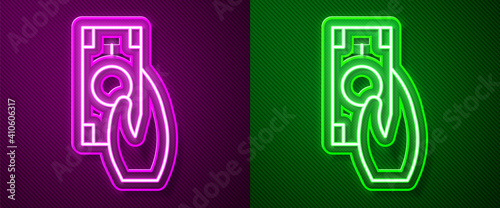 Glowing neon line Fast payments icon isolated on purple and green background. Fast money transfer payment. Financial services, fast loan, time is money, cash back concept. Vector.