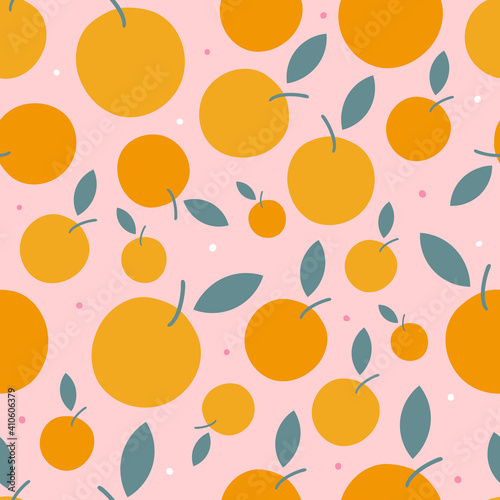 Fototapeta Naklejka Na Ścianę i Meble -  Orange seamless pattern for textile, wrapping paper, fabric. Modern pink kids background with fruits. 