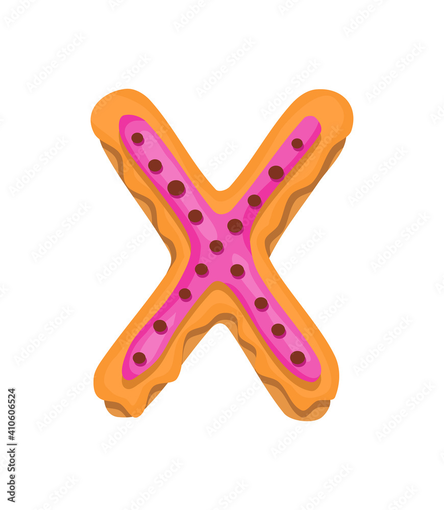 Obraz premium Cartoon cookies font. letter baking in colored glaze. Creative gingerbread typography design. Childhood sweet donut. Letter X