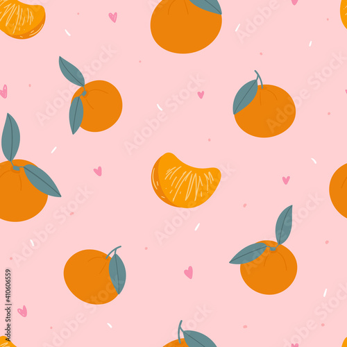 Orange seamless pattern for textile, wrapping paper, fabric. Modern pink kids background with fruits. 