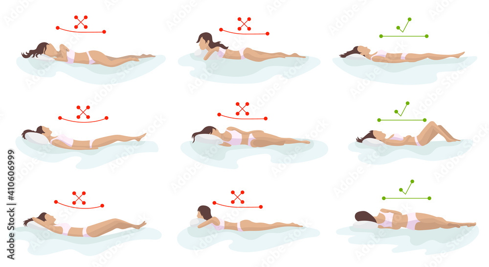 Correct and incorrect sleeping body posture. Position spine in various mattresses. Orthopedic mattress and pillow. Caring for health of back, neck. Comparative illustration. Healthy sleeping position