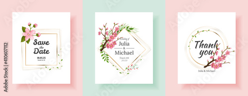 Set of sakura flowers backgrounds. Floral wedding invitation cards template design. Holiday invitation, greeting cards and fashion design