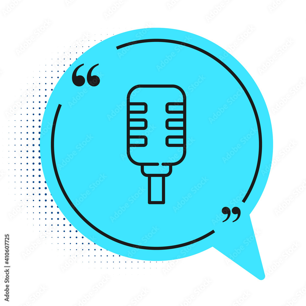 Black line Microphone icon isolated on white background. On air radio mic microphone. Speaker sign. Blue speech bubble symbol. Vector. Black line Microphone icon isolated on white background. On air radio mic microphone. Speaker sign. Blue speech bubble symbol. Vector.
