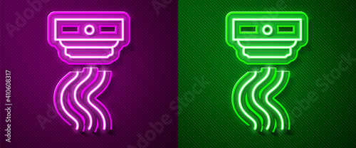 Glowing neon line Smoke alarm system icon isolated on purple and green background. Smoke detector. Vector.