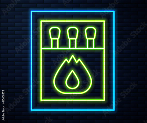 Glowing neon line Open matchbox and matches icon isolated on brick wall background. Vector.