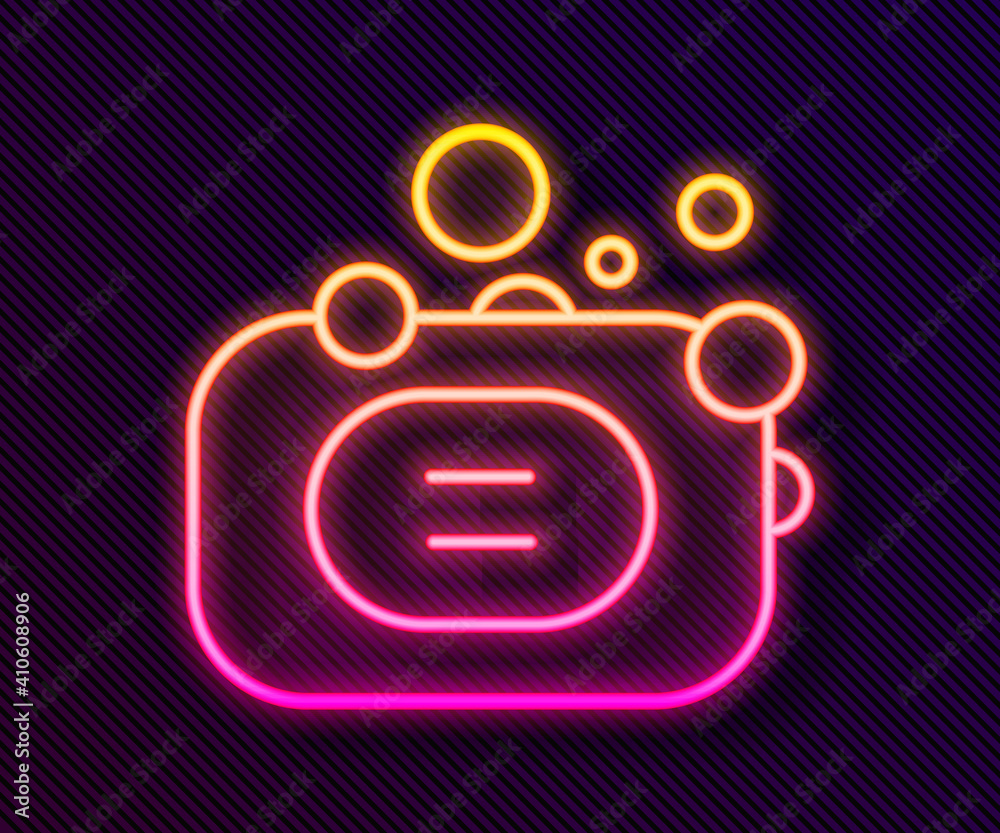 Glowing neon line Bar of soap icon isolated on black background. Soap bar with bubbles. Vector. Glowing neon line Bar of soap icon isolated on black background. Soap bar with bubbles. Vector.