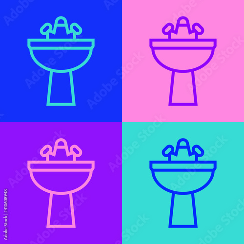 Pop art line Washbasin with water tap icon isolated on color background. Vector.