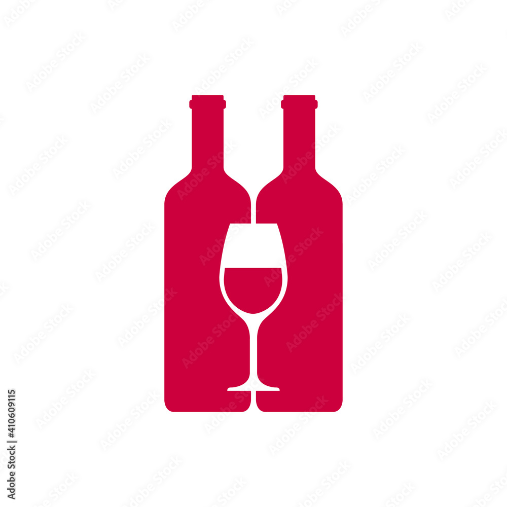 Logotipo con silueta de copa de vino sobre dos botellas de vino en color granate Logotipo con silueta de copa de vino sobre dos botellas de vino en color granate