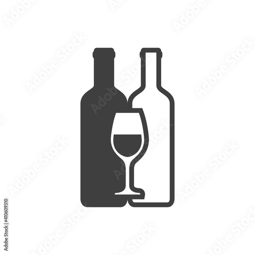Logotipo con silueta de copa de vino sobre botella de vino con lineas y relleno en color gris
