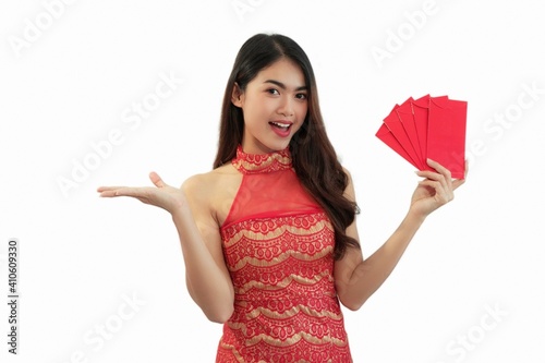 Asian woman holding red envelopes Chinese Happy new year 