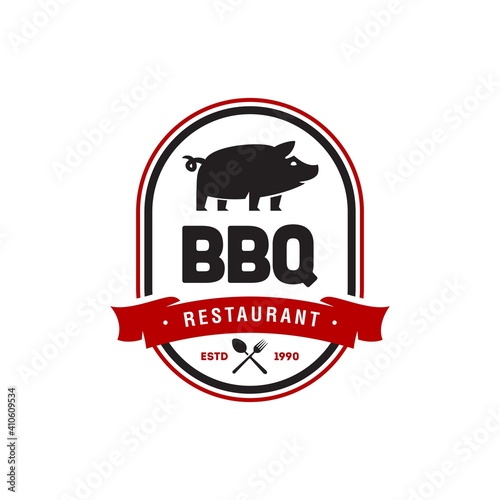 Vintage Retro pork pig BBQ Grill badge, Barbecue party , Barbeque Label Stamp Logo design vector invitation , with fire flame design