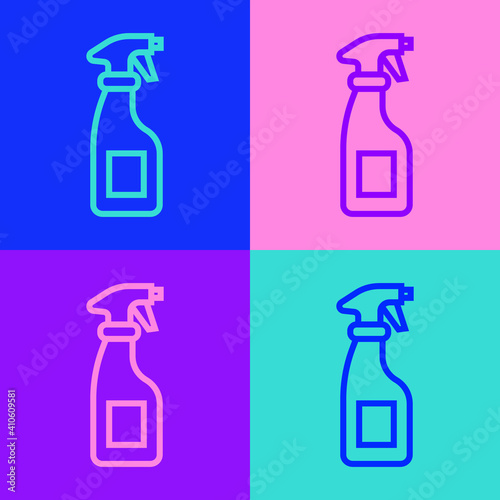 Pop art line Cleaning spray bottle with detergent liquid icon isolated on color background. Vector.