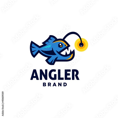 blue angler fish with bait light cartoon logo, deep fish mascot icon design vector Illustration in sport style.