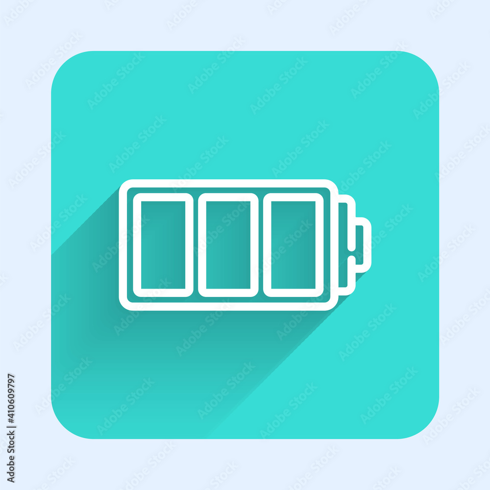 White line Battery charge level indicator icon isolated with long shadow. Green square button. Vector. White line Battery charge level indicator icon isolated with long shadow. Green square button. Vector.