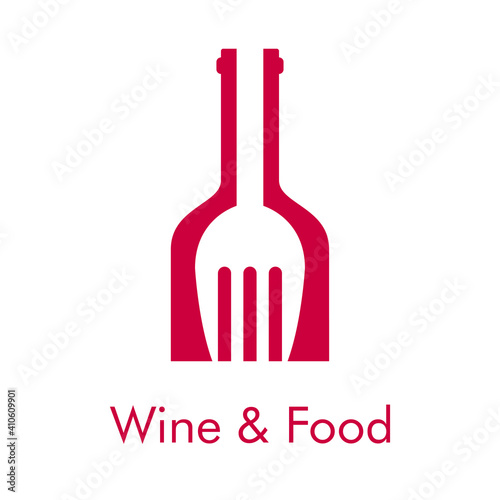 Logotipo con texto Wine & Food con tenedor con forma de botella de vino en color granate