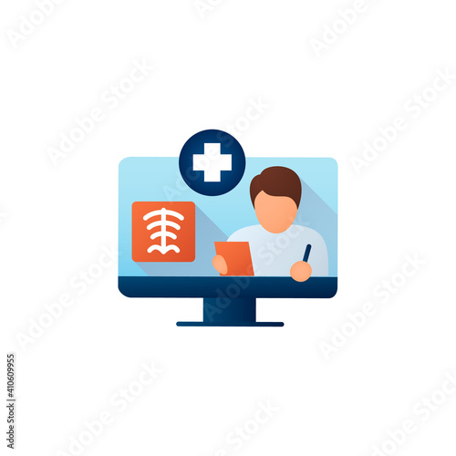 Online radiology flat icon. Telehealth medical care. Virtual radiographer consultation. Telemedicine, health care concept. Online medicine, roentgenology. Color vector illustration with shadow