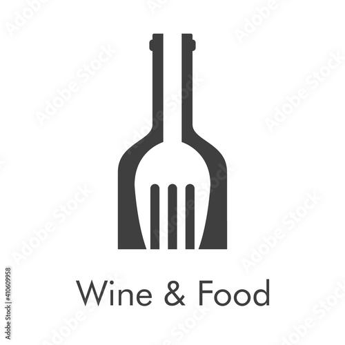 Logotipo con texto Wine & Food con tenedor con forma de botella de vino en color gris