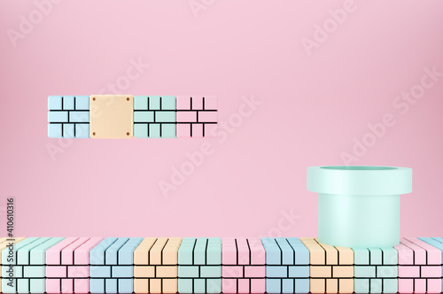Minimal scene water pipe on yellow, green ,blue brick floor on pink background.3D Render illustration. Use For Product Showcase.pastel color Tone. Cute color. 