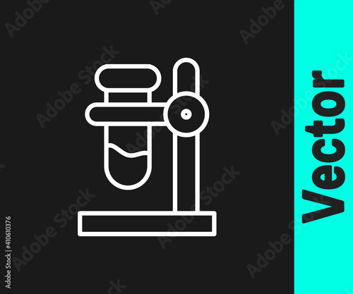White line Glass test tube flask on stand icon isolated on black background. Laboratory equipment. Vector.