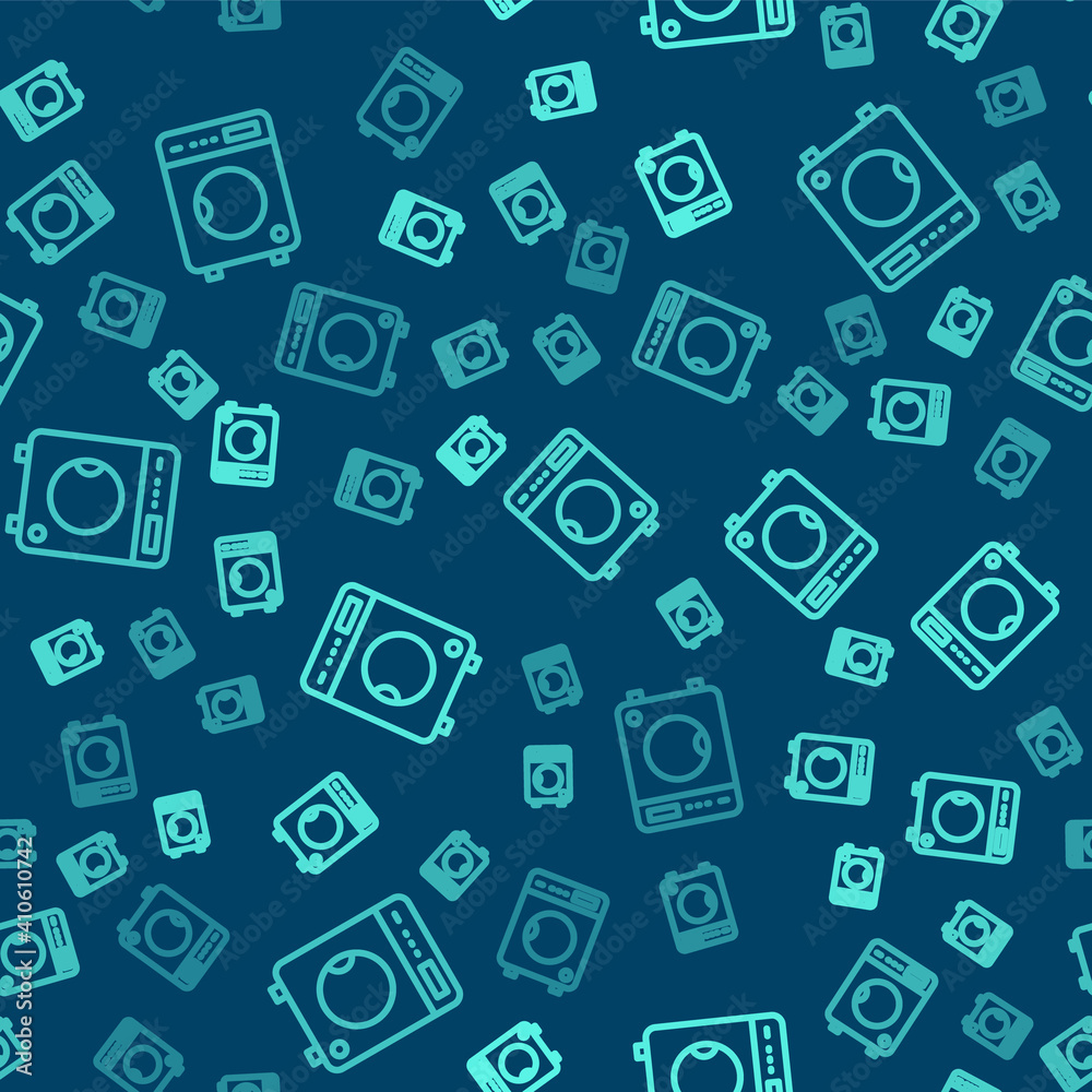 Green line Washer icon isolated seamless pattern on blue background. Washing machine icon. Clothes washer - laundry machine. Home appliance symbol. Vector. Green line Washer icon isolated seamless pattern on blue background. Washing machine icon. Clothes washer - laundry machine. Home appliance symbol. Vector.
