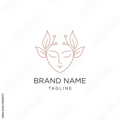 woman face with leaves. Continuous line drawing logo design template.
