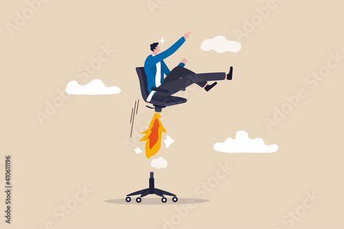 Boost your career development, job promoted to higher position or start new opportunity and motivation to succeed concept, businessman sitting on take off office chair with jetpack or rocket booster. photo