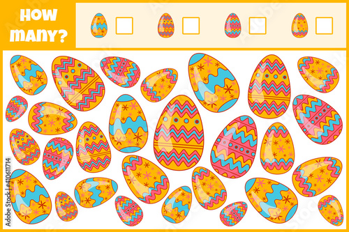 Educational mathematical game. Count the number of easter eggs. Count how many easter eggs. Counting game for children.