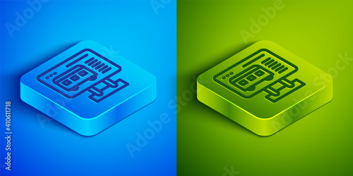 Isometric line Ticket office to buy tickets for train or plane icon isolated on blue and green background. Buying tickets. Ticket service. Square button. Vector.