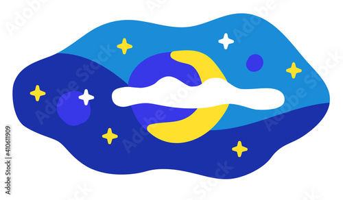 Night sky with stars and half moon. Abstract shape on white.
