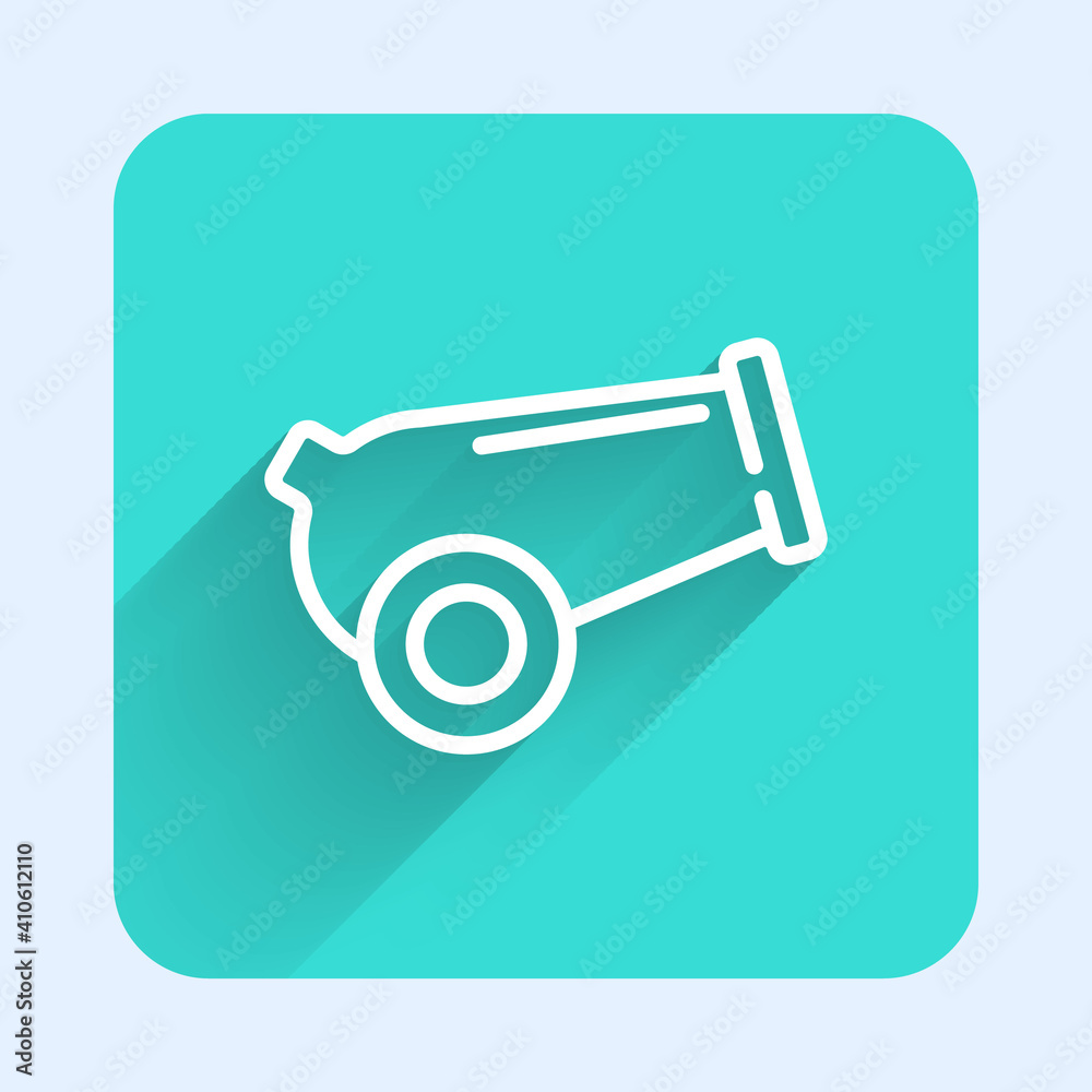 White line Cannon icon isolated with long shadow. Medieval weapons. Green square button. Vector. White line Cannon icon isolated with long shadow. Medieval weapons. Green square button. Vector.