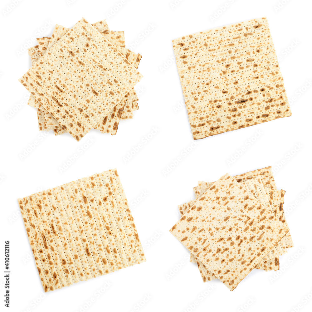 Set with Passover matzos on white background, top view. Pesach celebration Set with Passover matzos on white background, top view. Pesach celebration