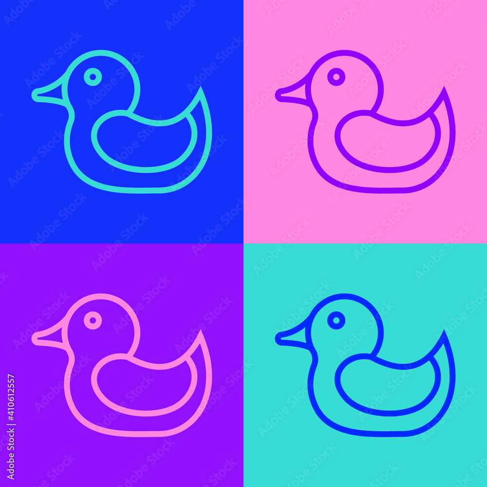 Pop art line Rubber duck icon isolated on color background. Vector. Pop art line Rubber duck icon isolated on color background. Vector.