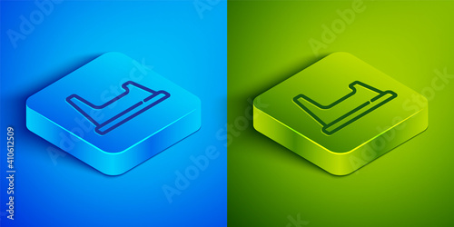 Isometric line Baby potty icon isolated on blue and green background. Chamber pot. Square button. Vector.