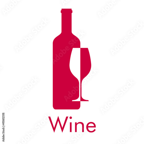 Logotipo con texto Wine con silueta de botella de vino con copa de vino en espacio negativo en color gris