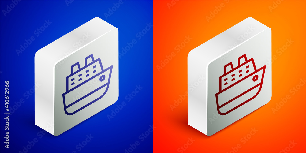 Isometric line Cruise ship icon isolated on blue and orange background. Travel tourism nautical transport. Voyage passenger ship, cruise liner. Worldwide cruise. Silver square button. Vector. Isometric line Cruise ship icon isolated on blue and orange background. Travel tourism nautical transport. Voyage passenger ship, cruise liner. Worldwide cruise. Silver square button. Vector.