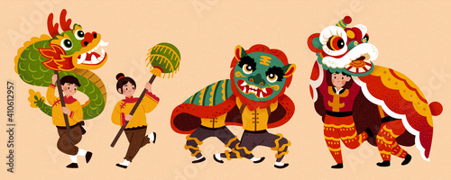 Dragon and lion dance characters