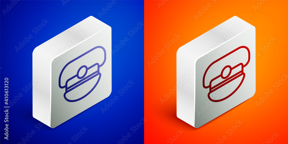 Isometric line Captain hat icon isolated on blue and orange background. Silver square button. Vector. Isometric line Captain hat icon isolated on blue and orange background. Silver square button. Vector.