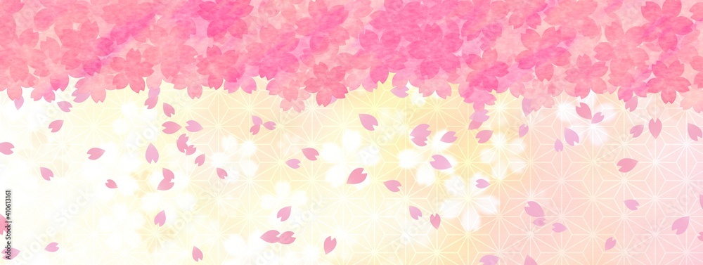 麻の葉模様と舞う桜の背景素材 no.01