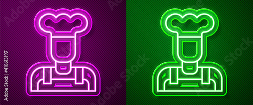 Glowing neon line Cook icon isolated on purple and green background. Chef symbol. Vector.