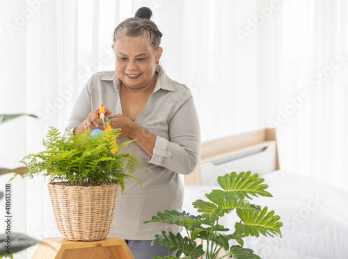 Φωτογραφία Old senior Asian woman using sprayer to watering the small plant with smile face