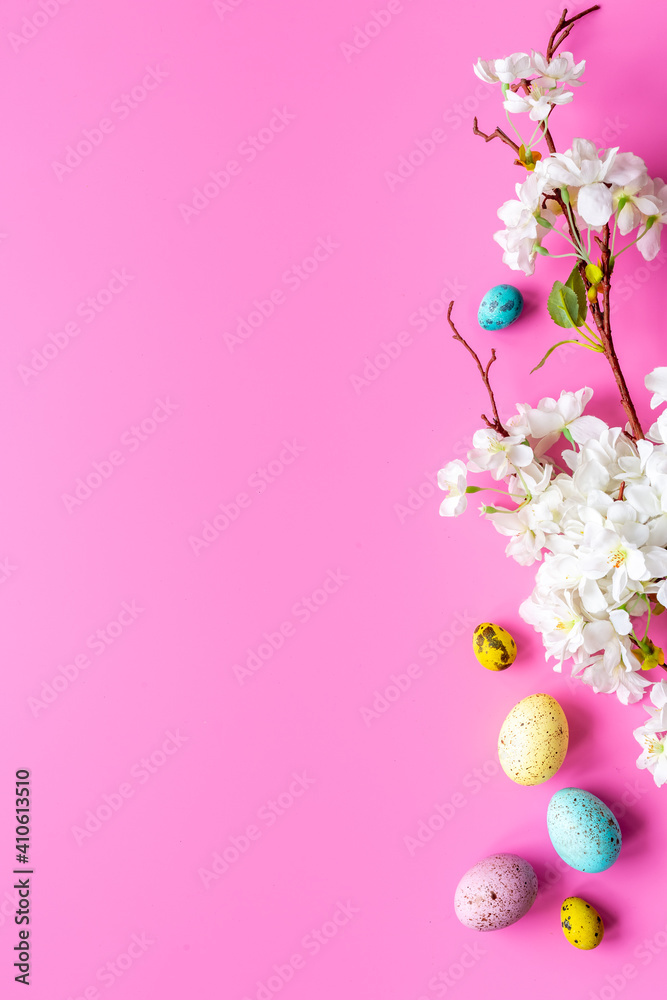 Happy Easter with eggs and flowering branch, top view Happy Easter with eggs and flowering branch, top view