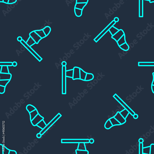 Green line Cone meteorology windsock wind vane icon isolated seamless pattern on blue background. Windsock indicate the direction and strength of the wind. Vector.