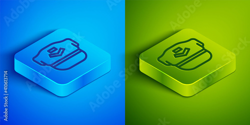 Isometric line Pilot hat icon isolated on blue and green background. Square button. Vector.