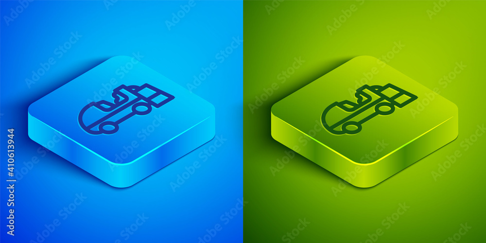 Isometric line Ice resurfacer icon isolated on blue and green background. Ice resurfacing machine on rink. Cleaner for ice rink and stadium. Square button. Vector. Isometric line Ice resurfacer icon isolated on blue and green background. Ice resurfacing machine on rink. Cleaner for ice rink and stadium. Square button. Vector.