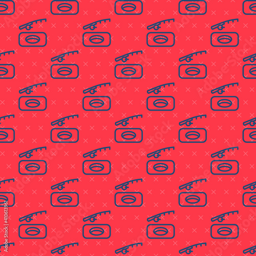 Blue line Winter fishing icon isolated seamless pattern on red background. Vector.