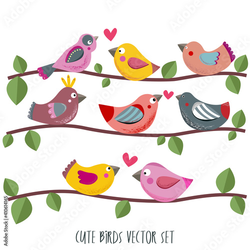 Birds in love sitting on branch. Cartoon style clipart on white background