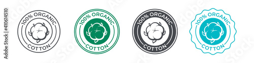 Cotton, organic 100 icon, flower vector logo for eco and natural bio soft fabric. 100 percent cotton badge for textile clothes, green vegan cosmetics and sanitary hygienic pads or tampons